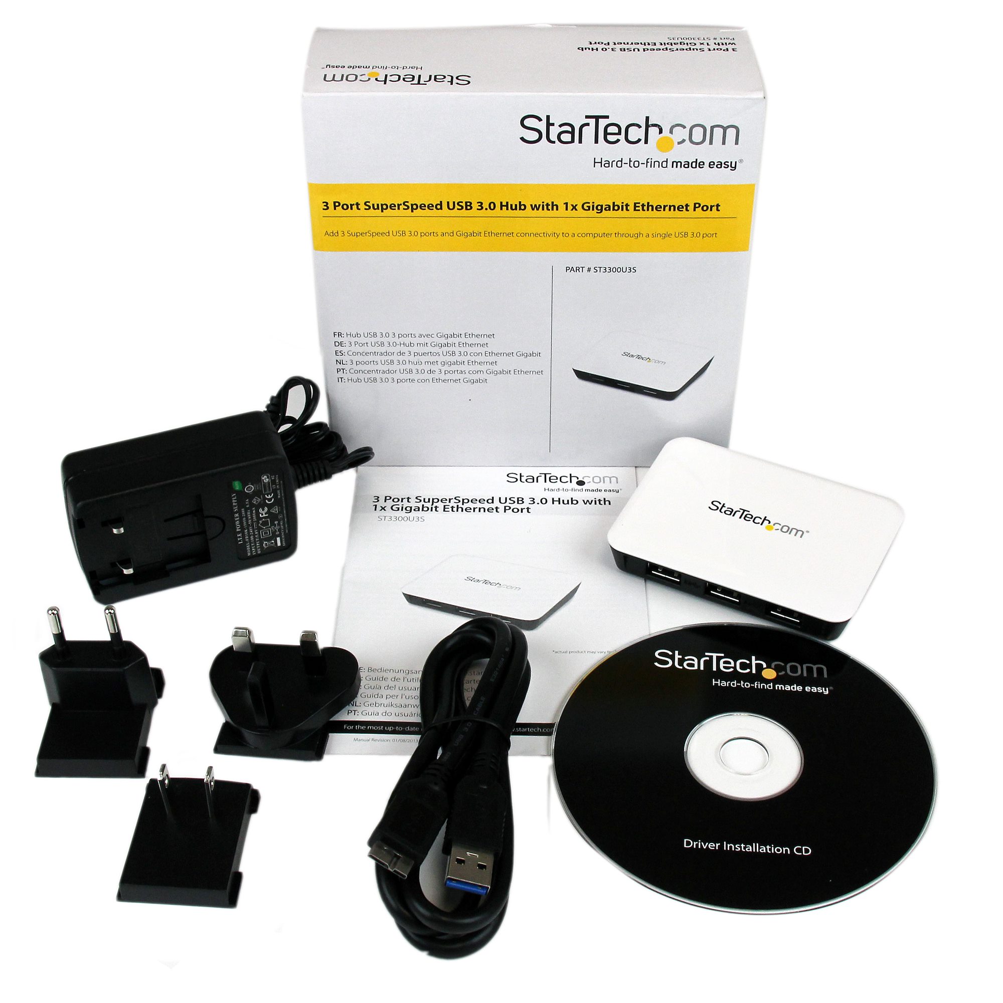 Startech 3 Port Portable USB 3.0 Hub With Gigabit Ethernet Adapter NIC USB  Hubb (ST3300GU3B)