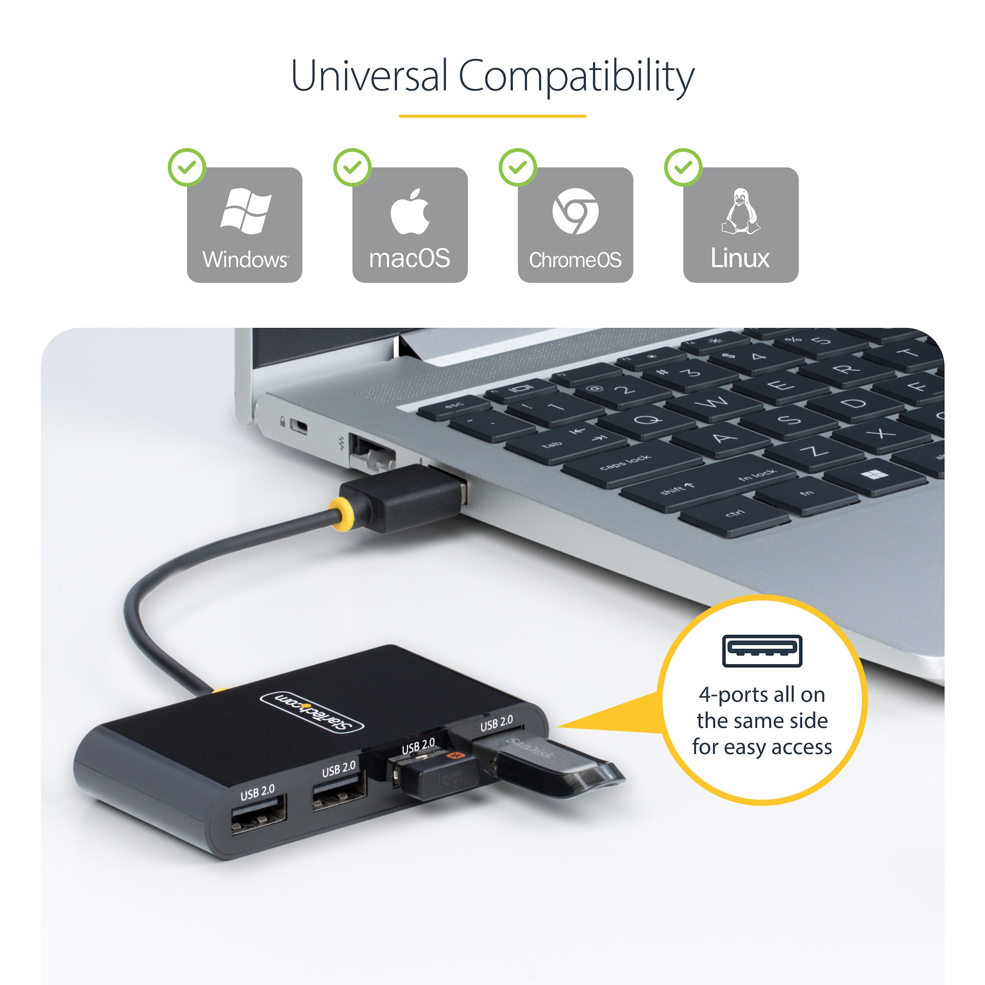 Add four USB 2.0 Type-A ports to your computer, using this compact