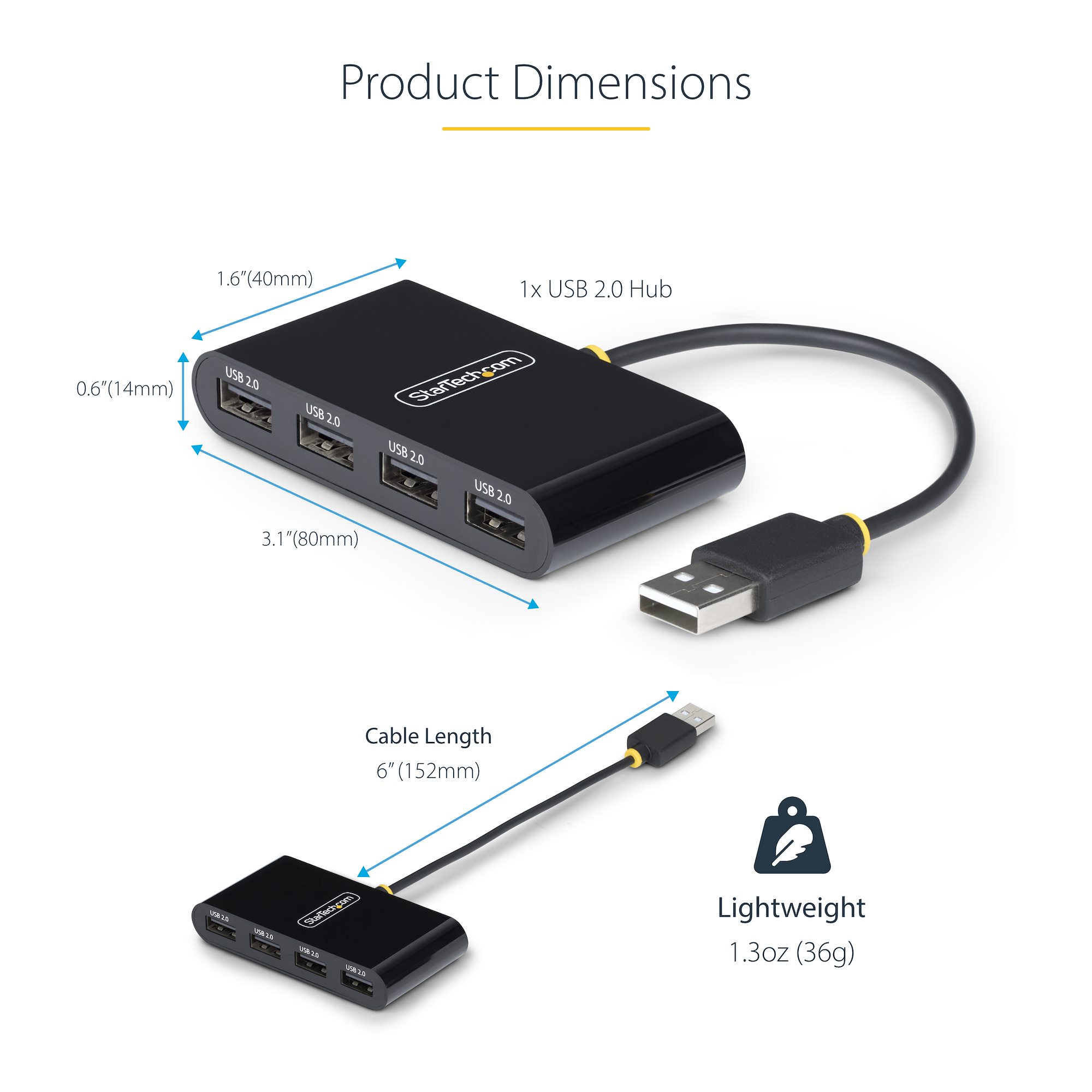 4-Port USB 2.0 Hub, USB Bus Powered, Small Travel Mini USB Hub