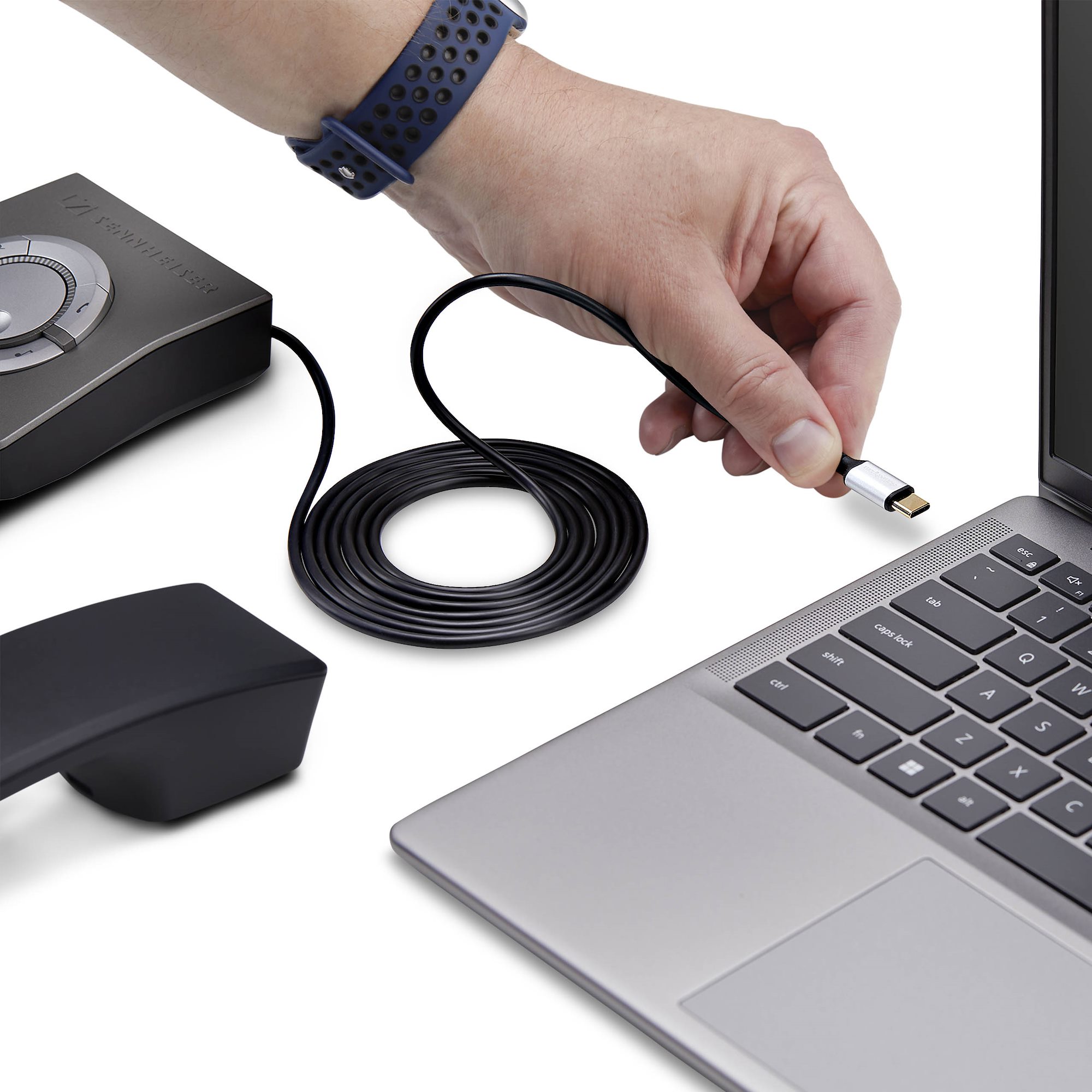 ケーブル長1.8m。RJ9電話受話器をパソコンに接続できるUSB Type-C