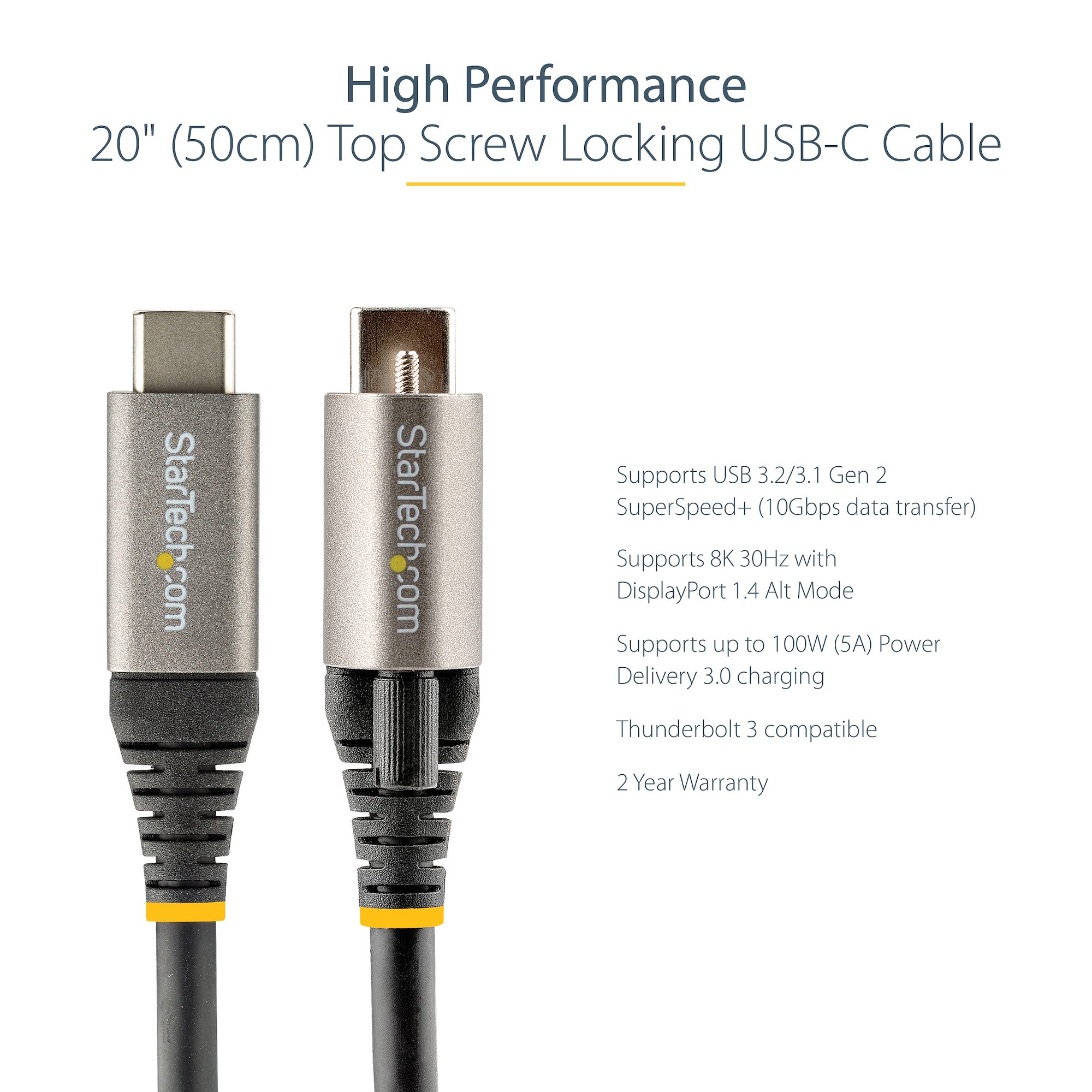20 (50cm) Top Screw Locking USB C Cable 10Gbps - USB 3.1 Type-C Cable -  100W (5A) Power Delivery Charging, DP Alt Mode - Single Screw Lock, USB-C