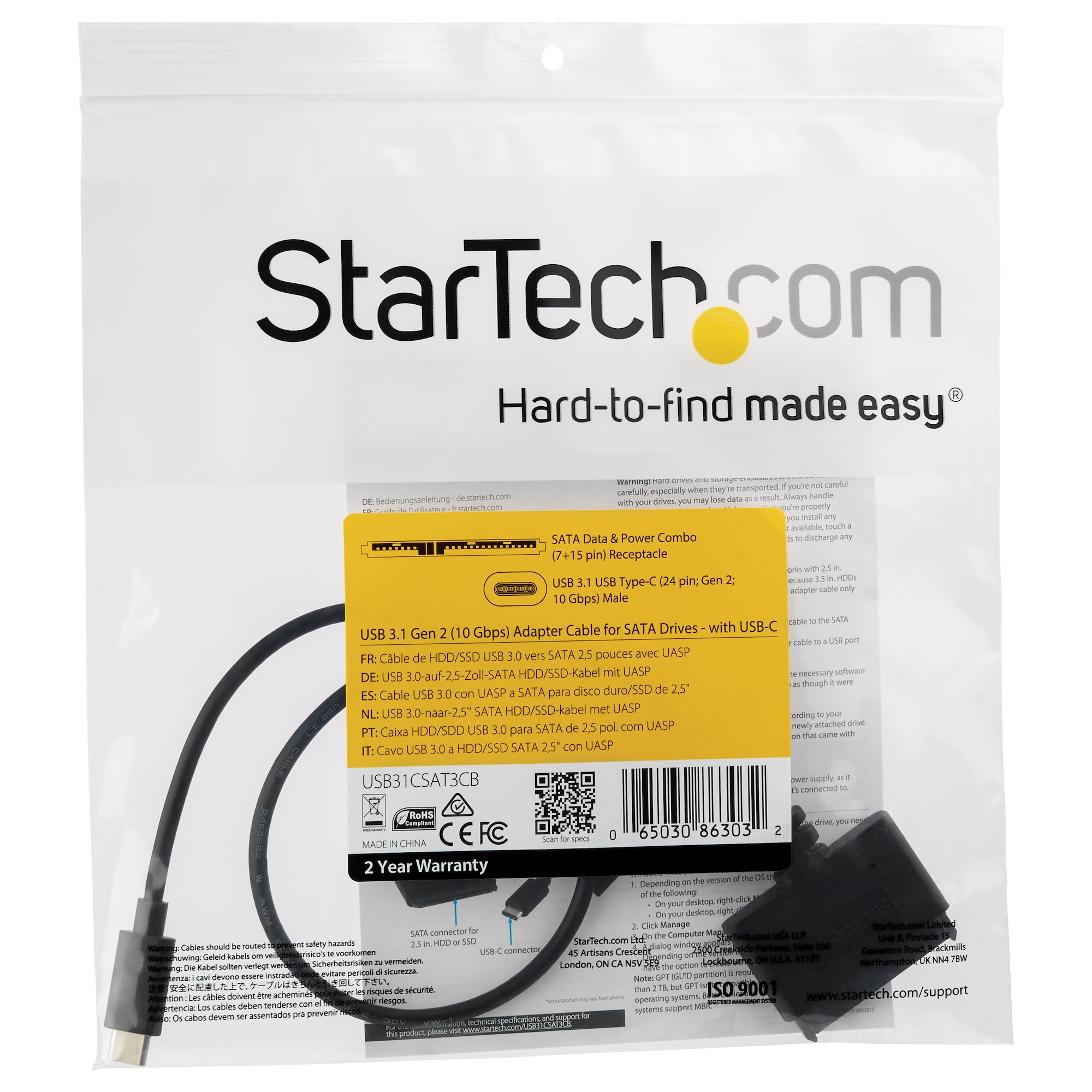 StarTech.com USB C to SATA Adapter - External Hard Drive Connector