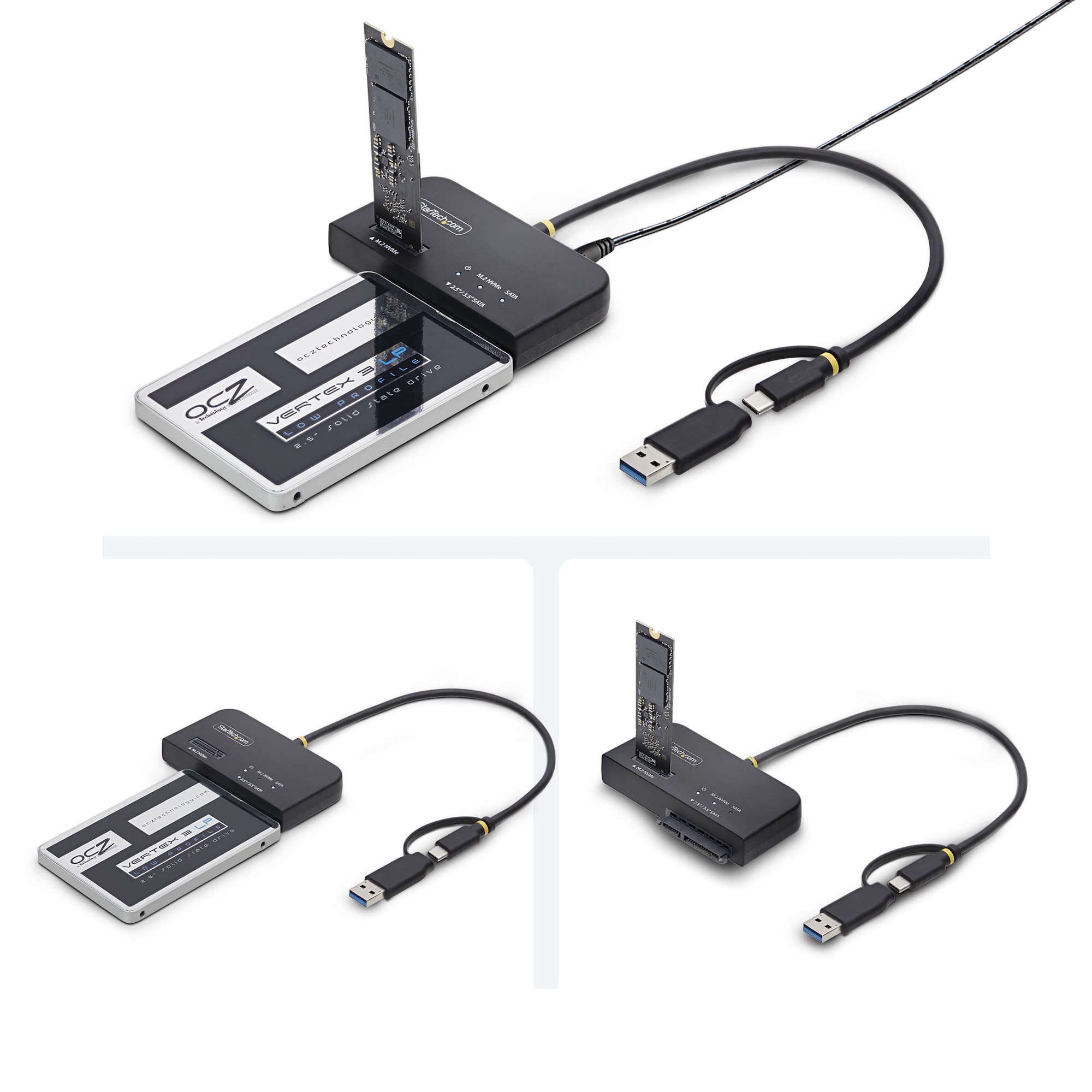 USB-CまたはUSB-A経由でM.2 NVMe および 2.5/3.5インチSATA SSD/HDDへ