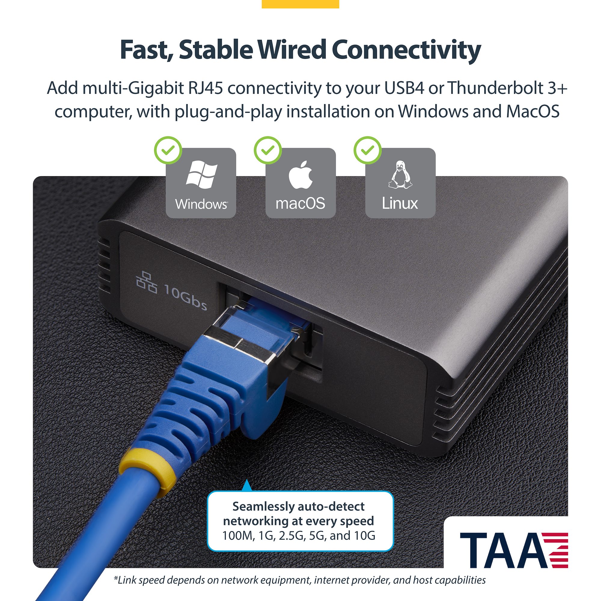 USB4またはThunderbolt接続の10GbE対応LANアダプター。有線