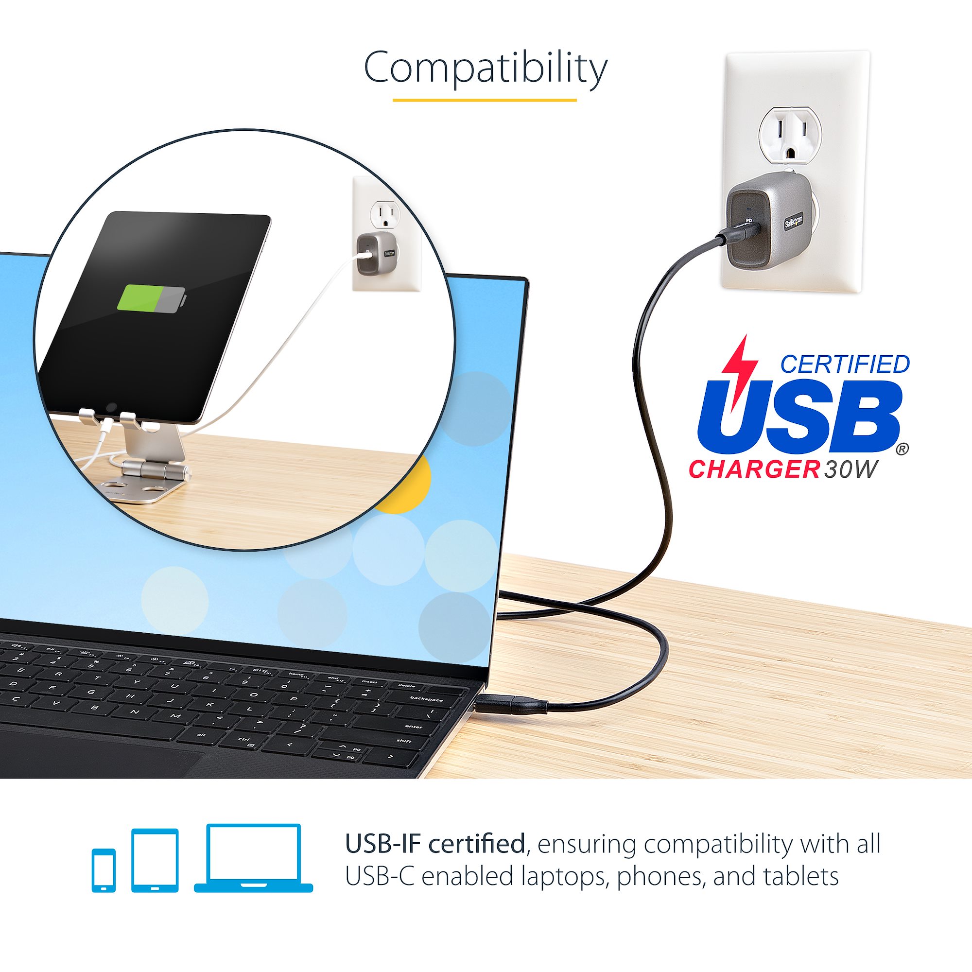 StarTech.com USB C Wall Charger 60W PD with 6ft Cable USB Type C Laptop  Charger - USB IF Certified - WCH1CBK - Laptop Chargers & Adapters 