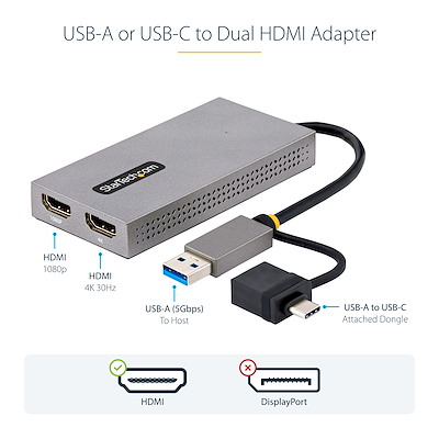 USB to Dual HDMI Adapter, USB A/C to 2x HDMI Displays (1x 4K30Hz, 1x  1080p), Integrated USB-A to C Dongle, 4in/11cm Cable, USB 3.0 to HDMI  Display