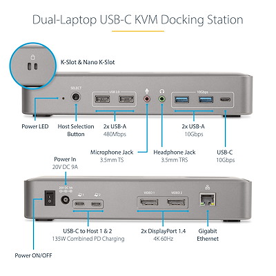 StarTech 129N-USBC-KVM-DOCK ドッキングステーション Dual-Laptop USB-C KVM Docking Station, Dual Monitor 4K 60Hz