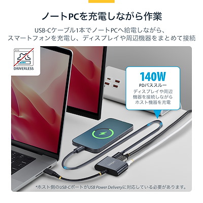 ブラック。4K60Hz HDMIディスプレイ接続、USB-A 5Gbps、USB-C 5Gbps