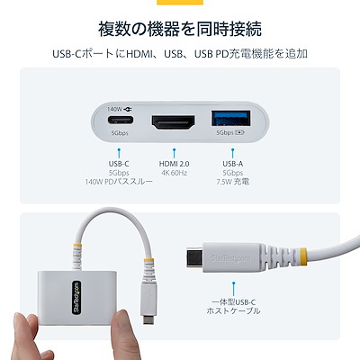 ホワイト。4K60Hz HDMIディスプレイ接続、USB-A 5Gbps、USB-C 5Gbps
