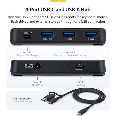 USB-C、USB-A接続対応4ポートUSBハブ、3ポートUSB-A・1ポートUSB-C