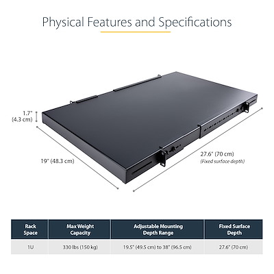 1U 4-Post Adjustable Server Rack Mount Shelf - 330lbs(150 kg) - 19.5 to  38in Adjustable Mounting Depth Universal Tray for 19