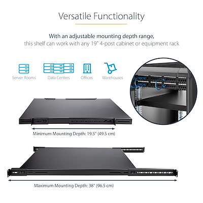 1U 4-Post Adjustable Server Rack Mount Shelf - 330lbs(150 kg) - 19.5 to  38in Adjustable Mounting Depth Universal Tray for 19