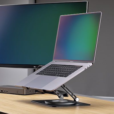19.5 x 24.4cm、回転式ベース、高さ角度調整可能。ノートPCを目の高さ
