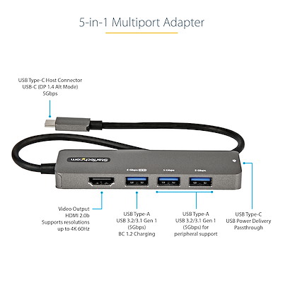 StarTech.com Adaptador Multipuertos USB-C - USB Tipo C a HDMI 2.0 4K a 60Hz  - Hub