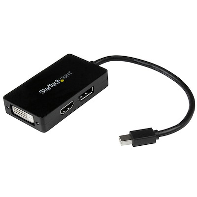 Travel A/V adapter: 3-in-1 Mini DisplayPort to DisplayPort DVI or HDMI converter