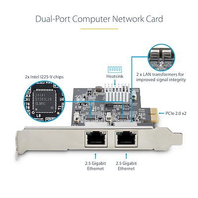 Carte Réseau PCIe à 2 Ports 2,5 Gbps NBASE-T, Intel I225-V - Carte Réseau  pour PC - Carte Réseau Ethernet Multi-Gigabit - Carte LAN Serveur PCI