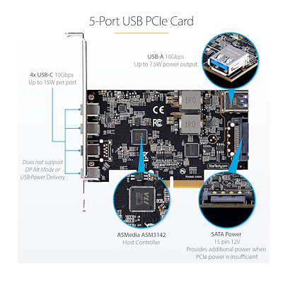 Carte D'Extension PCIe USB-C 4 Ports 10 Gbps - 4 Contrôleurs Indépendants - Pour PC Bureau Et Serveur