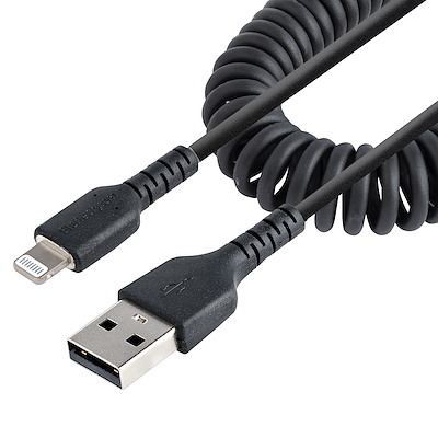 高耐久Lightning - USB-Aケーブル 1m コイル（伸縮）型／ブラック／アラミド繊維補強／MFi認証／iPhone充電ケーブル／  Apple （アップル）充電 ライトニング- USB 変換ケーブル／カールコード