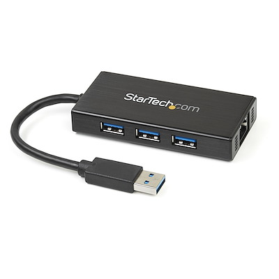 3-poorts draagbare USB 3.0-hub plus Gigabit Ethernet - aluminium met geintegreerde kabel