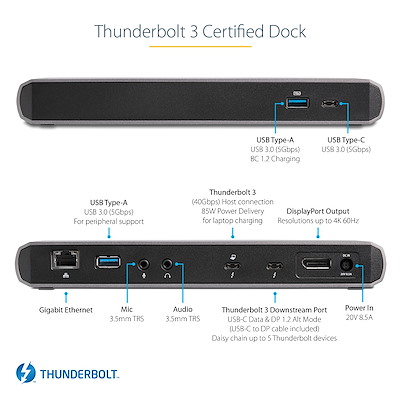 Thunderbolt 3 ドック／サンダーボルト3ドッキングステーション／4K60Hzデュアルモニタ(DisplayPort & TB3  USB-C対応)／85W USB PD／3ポートUSB 3.0ハブ／ギガビット有線LAN／3.5mmステレオミニ(3極)／Windows &