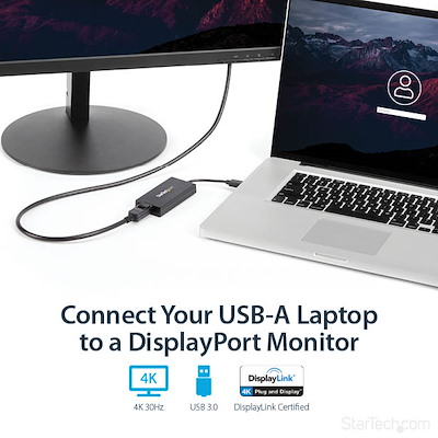 USB 3.0 - DisplayPort変換アダプター／4K30Hz／DisplayLink認定／マルチモニター対応／USB  Type-A接続／Windows & Mac／ブラック／USB - DP モニター 変換コネクター／ディスプレイ コンバーター