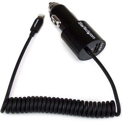Dual-Port Car Charger with Lightning Cable and USB 2.0 Port - Black