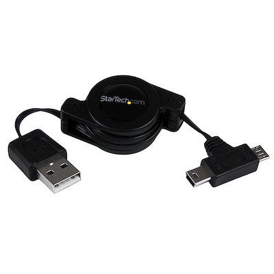 2.5 ft Retractable USB Combo Cable – USB to Micro USB and Mini USB – M/M