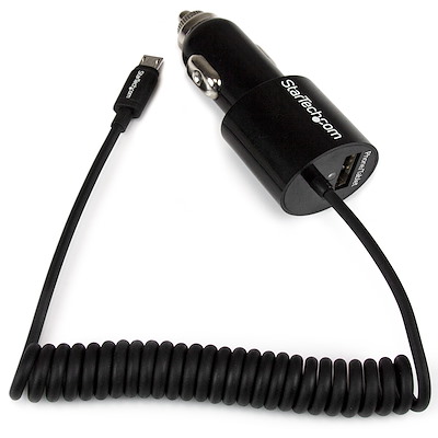 Dual-Port Car Charger - USB with Built-in Micro-USB Cable - Black
