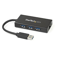 3-Port Portable USB 3.0 Hub plus Gigabit Ethernet - 5Gbps - Aluminum with Built-in Cable