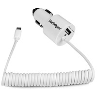 Cargador USB de 2 Puertos para Coche con Cable Micro USB y puerto USB - Blanco